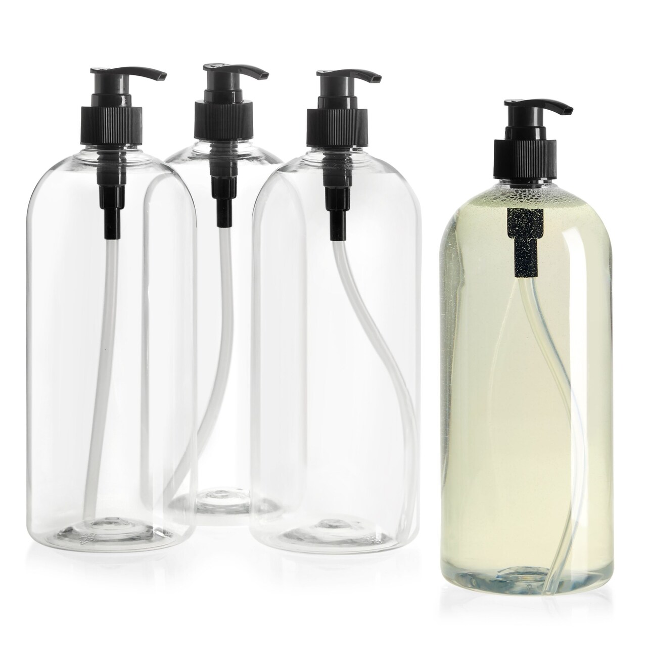 Okuna Outpost 34 oz Pump Bottles for Shampoo and Conditioner, 4 Pack Refillable Empty Shampoo Bottles, No-Spill, Clear Large Soap Dispenser with Black Pumps, Use for Hand Soap, Body Wash, Lotion
